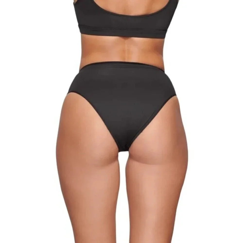 Skims 2X Swim Mid Waist Bottom Cheeky High Cut Side Onyx Black NWT
